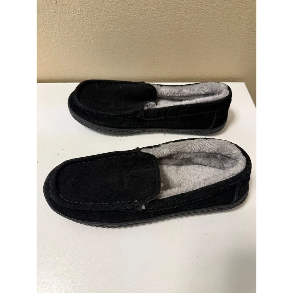 George Mens Black Suede Moccasin Slippers Faux Fur Lined House Shoes Size 7-8